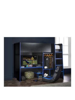 Lloyd Pascal Black Gaming Bed Highsleeper With Adjustable Desk-top & Open Wardrobe With Blue Edging