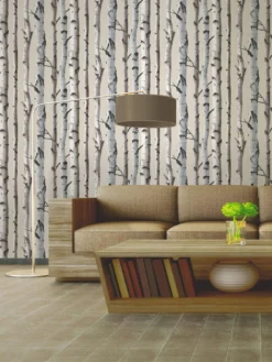 Fine D??cor Birch Trees Cream & Silver Wallpaper