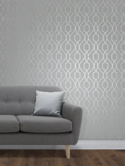 Fine Décor Apex Geo Trellis Stone & Silver Wallpaper