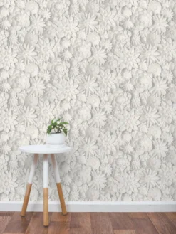 Fine Décor 3D Effect Floral White And Grey Wallpaper