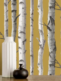 Fine Décor Birch Tree Wallpaper - Mustard