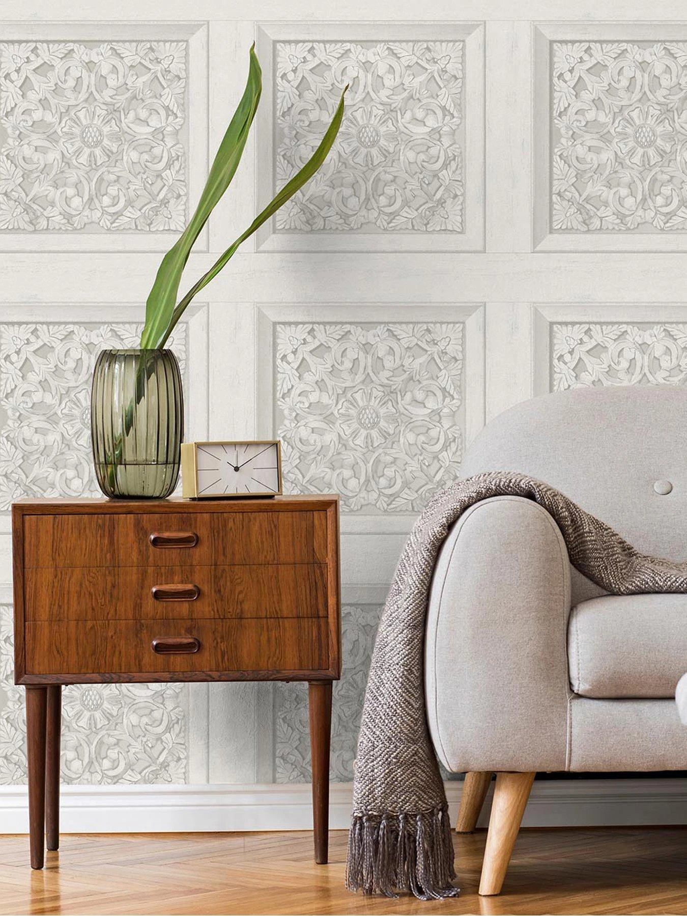 Fine Décor Carved Panel Wallpaper - Grey 1 Fine Décor Carved Panel Wallpaper - Grey